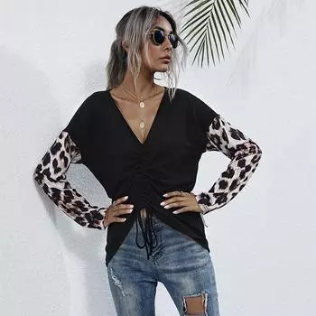 Футболка с V-образным вырезом и цветным леопардовым принтом, длинными рукавами, для женщин, повседневный топ с завязками, пуловер для поездок на работу, базовая рубашка, осень S чёрный