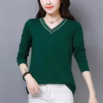 Футболка с V-образным вырезом и длинными рукавами, женская, корейская версия, свободный осенне-зимний топ, женская, универсальная, однотонная, базовая рубашка для женщин M