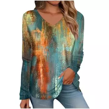 Футболка с V-образным вырезом и длинными рукавами, винтажный топ с 3D-принтом, модные женские футболки S