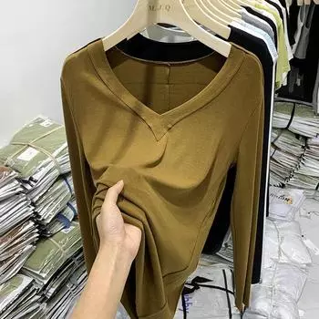 Футболка с V-образным вырезом и длинными рукавами для женщин на весну и осень, новый дизайн, сдержанная рубашка с низом, свободный и универсальный топ на раннюю весну S