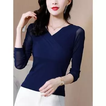 Футболка с V-образным вырезом и длинными рукавами из сетчатой ткани для женщин, облегающая, с завышенной талией, стильный топ оверсайз M чёрный