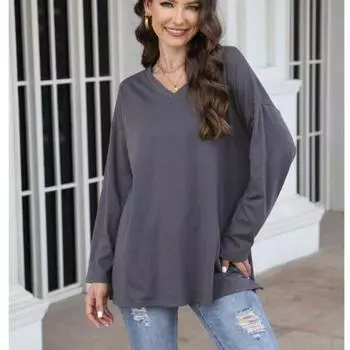 Футболка с v-образным вырезом и длинными рукавами, повседневные топы, свободная хлопковая рубашка, 2022, женская однотонная женская одежда, Blusas Ropa Mujer 23464 S чёрный