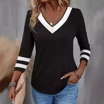 Футболка с V-образным вырезом и контрастной отделкой, повседневный топ с рукавами 3/4 для женской одежды на весну и осень S чёрный