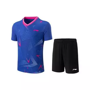Футболка с V-образным вырезом и коротким рукавом с принтом логотипа серии Li Ning Badminton и шорты, повседневный спортивный комплект, унисекс, спортивный комплект AATT039-3 XXL