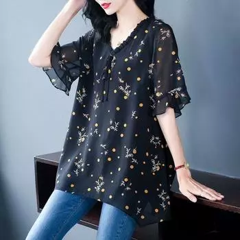 Футболка с v-образным вырезом и короткими рукавами, женская одежда, новая летняя шифоновая блузка, топ с принтом, L-6XL 5XL чёрный