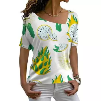 Футболка с V-образным вырезом и косым вырезом в гавайском стиле с 3D-принтом, женская повседневная свободная футболка с коротким рукавом, летняя женская футболка, топы S-3XL S
