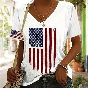 Футболка с V-образным вырезом и принтом флага, повседневная футболка с коротким рукавом на весну и лето, женская одежда S