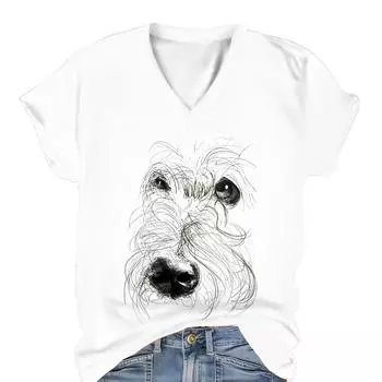 Футболка с V-образным вырезом и принтом собаки, повседневная футболка с коротким рукавом на весну и лето, женская одежда S