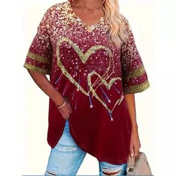 Футболка с V-образным вырезом и принтом в виде сердца больших размеров - с коротким рукавом, повседневная, удобная, женская модная одежда на каждый день весна, лето осень XL