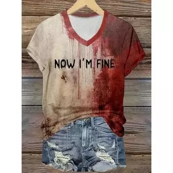 Футболка с V-образным вырезом и принтом «Письмо и кровь», повседневный топ с коротким рукавом для весны и лета, женская одежда S