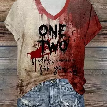 Футболка с V-образным вырезом и принтом «Письмо и кровь», повседневный топ с коротким рукавом для весны и лета, женская одежда S