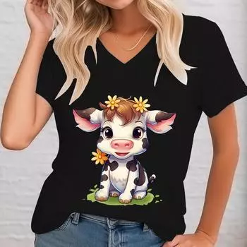 Футболка с V-образным вырезом и принтом мультяшной коровы, женские футболки с рисунком цветов и растений, женские милые повседневные топы с коротким рукавом для любителей коров S