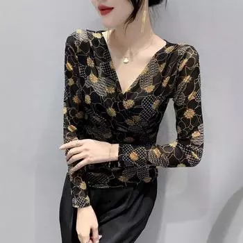 Футболка с V-образным вырезом и принтом для женщин, с длинными рукавами, весенняя новая модная сексуальная сетчатая базовая рубашка M