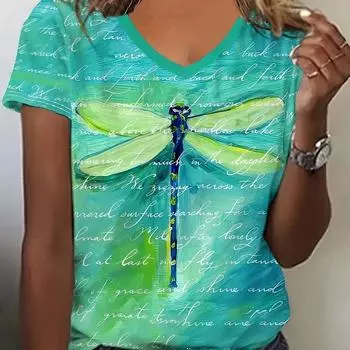 Футболка с V-образным вырезом и ярким принтом стрекозы — свободный повседневный топ с короткими рукавами и привлекательным дизайном для женщин — идеально подходит для весеннего и летнего сезонов S