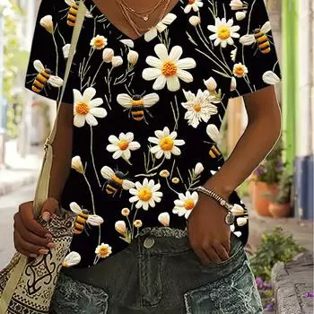 Футболка с V-образным вырезом и ярким цветочным принтом — свободный крой, короткий рукав, повседневный стиль для весны и лета — женская мода, необходимая для повседневной носки S