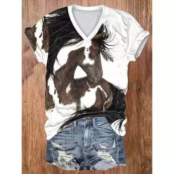 Футболка с V-образным вырезом и ярким принтом лошади — мягкая, дышащая, повседневная рубашка с коротким рукавом для весны и лета — модная женская одежда для активного отдыха S