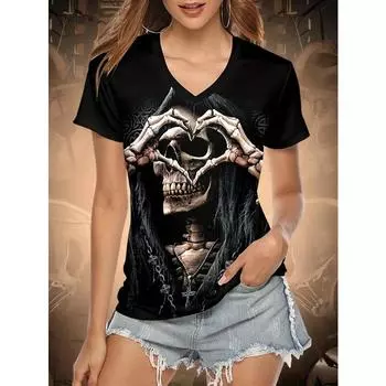 Футболка с V-образным вырезом и ярким принтом черепа — мягкая, дышащая, повседневная футболка с коротким рукавом для весны и лета — женская модная одежда на каждый день S