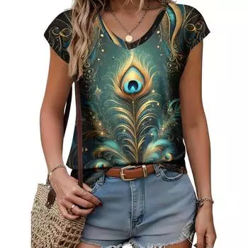Футболка с V-образным вырезом и ярким принтом павлина 3D, женская, с коротким рукавом, из полиэстера, машинная стирка, идеальный повседневный топ S
