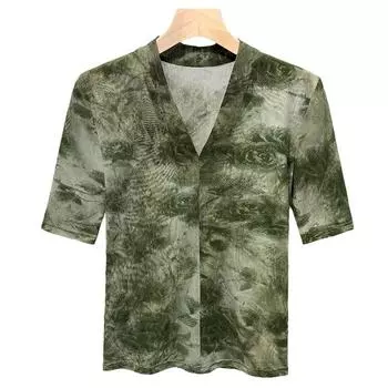 Футболка с V-образным вырезом и рукавами средней длины для женщин, новая ранняя осенняя футболка с эффектом омоложения, базовая рубашка с рукавами-пятью точками, с узором «тай-дай» S зелёный