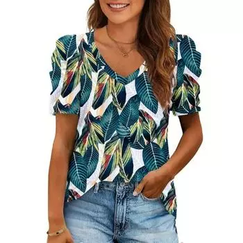 Футболка с V-образным вырезом и тропическим принтом, повседневная футболка с коротким рукавом на весну и лето, женская одежда S