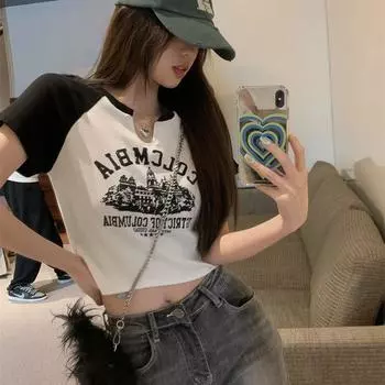 Футболка с V-образным вырезом, летняя, ретро, короткая, студенческая, топ S белый