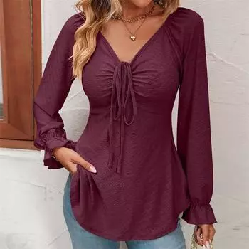 Футболка с V-образным вырезом, однотонная, с длинным рукавом, женская одежда, со шнурком S чёрный