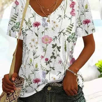 Футболка с V-образным вырезом с цветочным принтом, повседневная футболка с коротким рукавом на весну и лето, женская одежда S