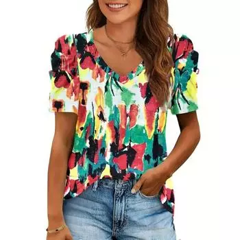 Футболка с V-образным вырезом Tie Dye, винтажная летняя футболка с короткими рукавами и случайным принтом, женская одежда S