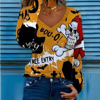 Футболка с V-образным вырезом, женская, с принтом на Хэллоуин, длинный рукав, тыква, забавные цифровые 3D женские футболки S