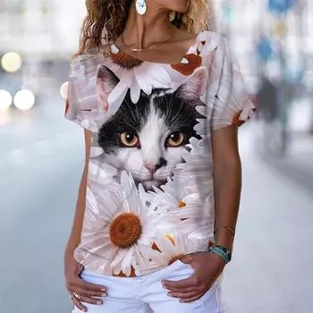 Футболка с V-образным вырезом, женская, с короткими рукавами, летний наряд, анималистичный принт, свободный крой, нишевый дизайн, модный тренд, футболки женские S