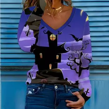 Футболка с V-образным вырезом, женская, с принтом на Хэллоуин, длинный рукав, тыква, забавные цифровые 3D женские футболки S