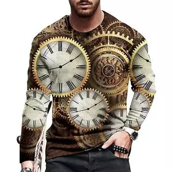 Футболка с винтажным принтом 3D Clock Shirt Clock с длинным рукавом Повседневная рубашка с круглым вырезом 6xl Большие трендовые топы Футболка Мужская одежда S