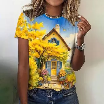 Футболка с винтажным принтом, женская летняя, с круглым вырезом, с рисунком здания, повседневная, свободная, 3D, элегантная, большого размера, с коротким рукавом, топы Y2k S