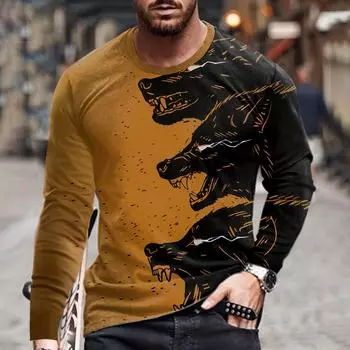 Футболка с волком, мужская футболка с 3D принтом, осенняя длинная одежда большого размера, модные топы с рисунком животных в стиле Харадзюку, новая повседневная уличная рубашка S