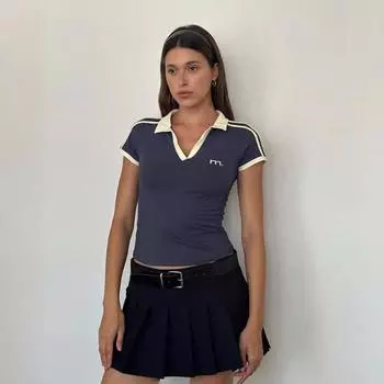 Футболка с воротником поло, американская пикантная вышивка с буквами, облегающая, контрастного цвета, с двумя полосками, повседневная, универсальная, с короткими рукавами S темно-синий