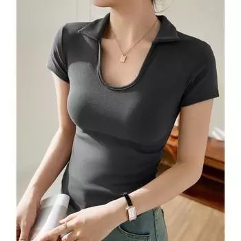 Футболка с воротником-поло U-образной формы из хлопка, женская, с коротким рукавом, летняя, новая, соблазнительная, базовая рубашка S