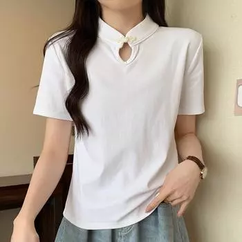 Футболка с воротником-стойкой и короткими рукавами для женщин, летняя новинка, женский топ на пуговицах в китайском стиле в стиле богини L белый
