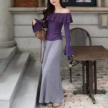 Футболка с вырезом-лодочкой во французском стиле, женская одежда, однотонная, элегантная, с оборками, оборками, осень-зима, тонкие, с оборками, пуловеры S фиолетовый