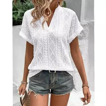 Футболка с вырезом под горло, элегантная фактурная футболка с коротким рукавом для весны и лета, женская S белый