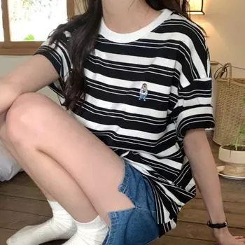 Футболка с вышитым медведем в стиле пэчворк, уличный стиль в полоску, укороченный топ в стиле мультяшного мультфильма XL слоновая кость