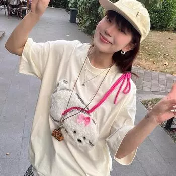 Футболка с вышитым милым щенком для женщин, японская ретро-футболка со шнуровкой и круглым вырезом, однотонная свободная женская футболка с коротким рукавом M чёрный