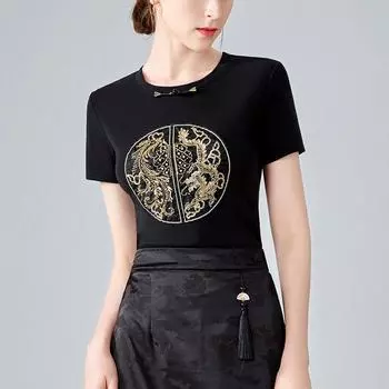 Футболка с вышивкой в китайском стиле для женщин, новая женская футболка в стиле ретро с круглым вырезом и короткими рукавами, с пуговицами, новая китайская талия S чёрный