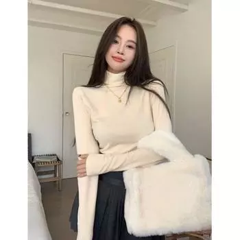 Футболка с высоким воротом и длинными рукавами, женская рубашка с тонким бархатным дном, осенне-зимние термотопы с корейской подкладкой в стиле Харадзюку S белый