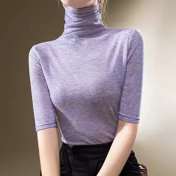 Футболка с высоким воротом, женская, ранняя осенняя, новая, тонкая, трикотажная, со средними рукавами, с талией и наборным воротником S