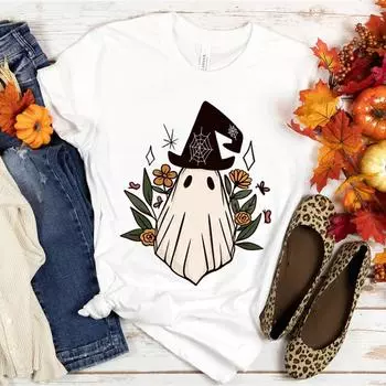 Футболка с забавным графическим принтом Spooky Witch, женская эстетическая мода, футболки с коротким рукавом, повседневная спортивная футболка большого размера на Хэллоуин S