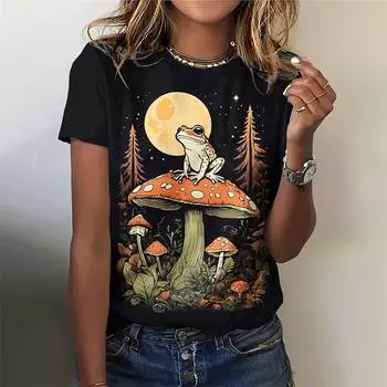 Футболка с забавным грибом и 3D-принтом для женщин, летние повседневные топы с круглым вырезом, короткие рукава, свободные футболки больших размеров, уличная одежда XS