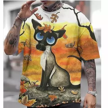 Футболка с забавным изображением животных для мужчин, милые футболки с рисунком кота, футболки с 3D-принтом, свободные футболки с коротким рукавом, мужская одежда больших размеров S