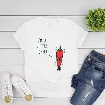 Футболка с забавным каламбуром I m A Little Chili Shirt Pun Gift Футболка с коротким рукавом и графическим принтом Женские футболки Повседневная футболка с принтом Женская одежда S серый