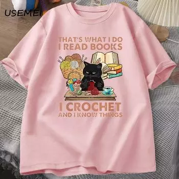 Футболка с забавным котом для мужчин и женщин «Это то, что я делаю, я читаю книги, шью и знаю вещи», футболки с котами, летние хлопковые винтажные топы S чёрный