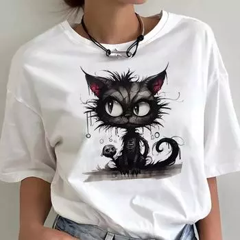 Футболка с забавным котом для подростков Kawaii Graphic University Streetwear Classic Aesthetic T Shirt 2000s Pastel Classic Graphic T Shirts Womens S